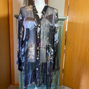 Citron semi sheer silk/rayon Asian print blouse over shirt Sz 3X